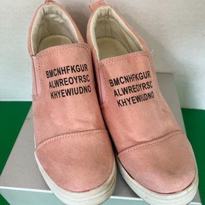 BMCNHFKGUR Pink Suede Leather Slip-On Wedge Heels